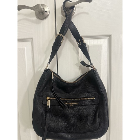 Karl Lagerfeld Black Pebbled Leather Shoulder Bag‎
